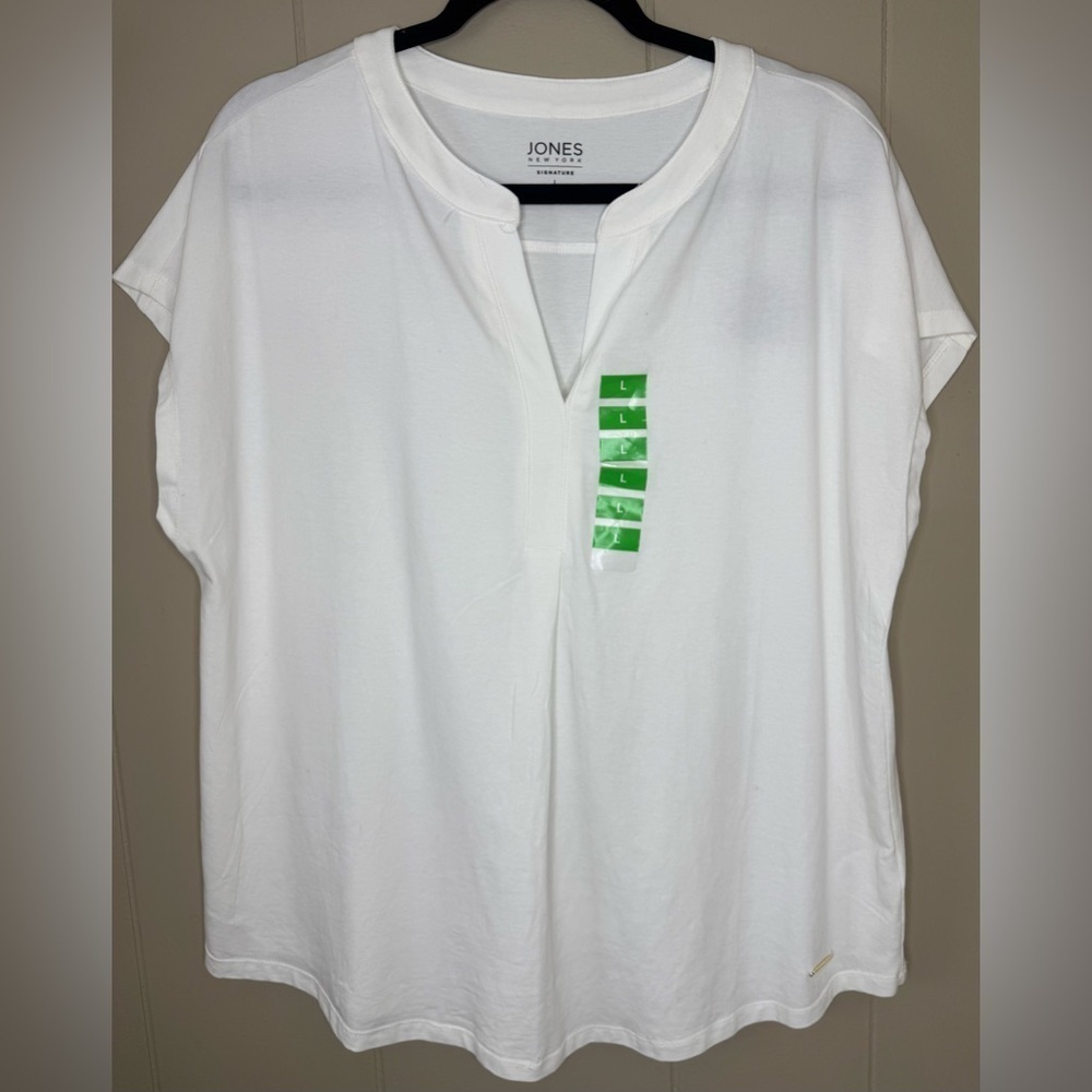 NWT Jones New York Split Neck White Cotton Blend T Shirt Womens Size Large